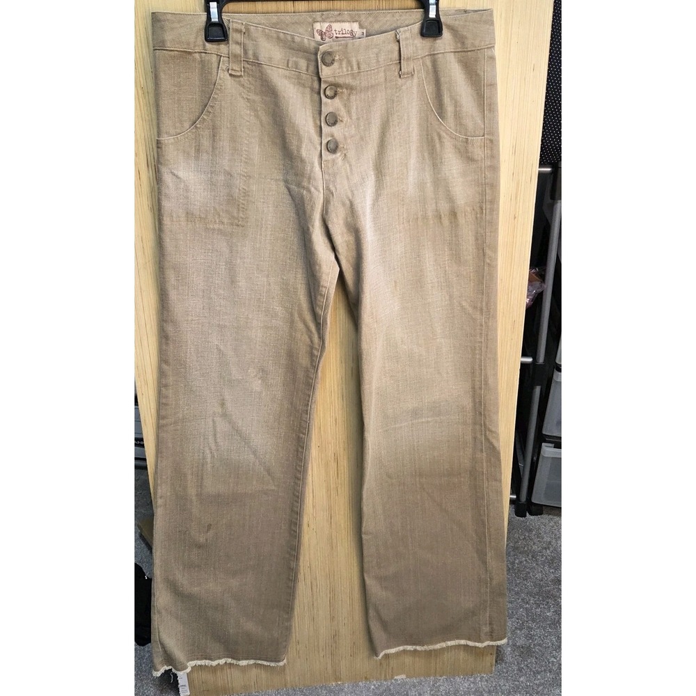 Trilogy Sz 14 Ladies Butterfly Jean Beige Wide Leg Mid-rise Raw Edge Hem‎